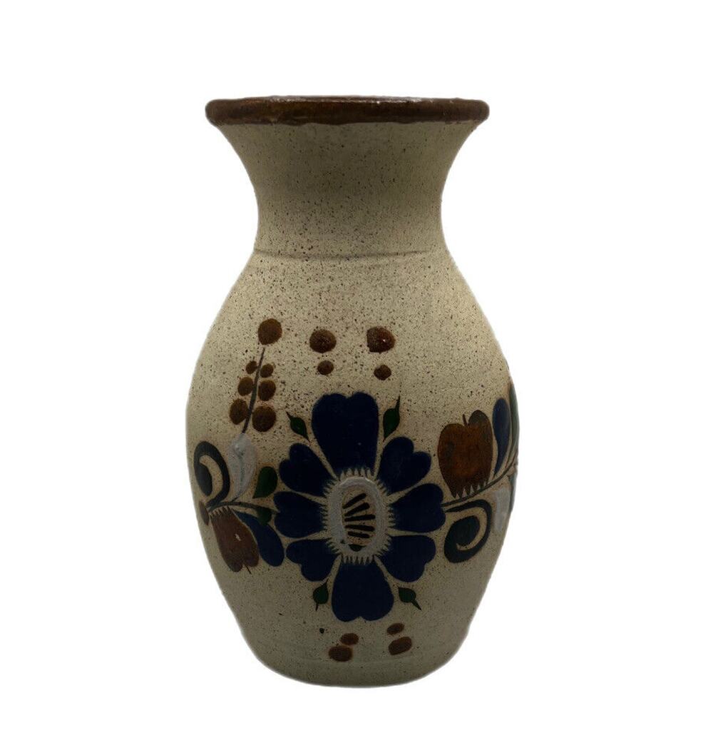 Vintage Tonala Mexican Pottery Vase Flowers Floral Mexico Folk Art Cream Round